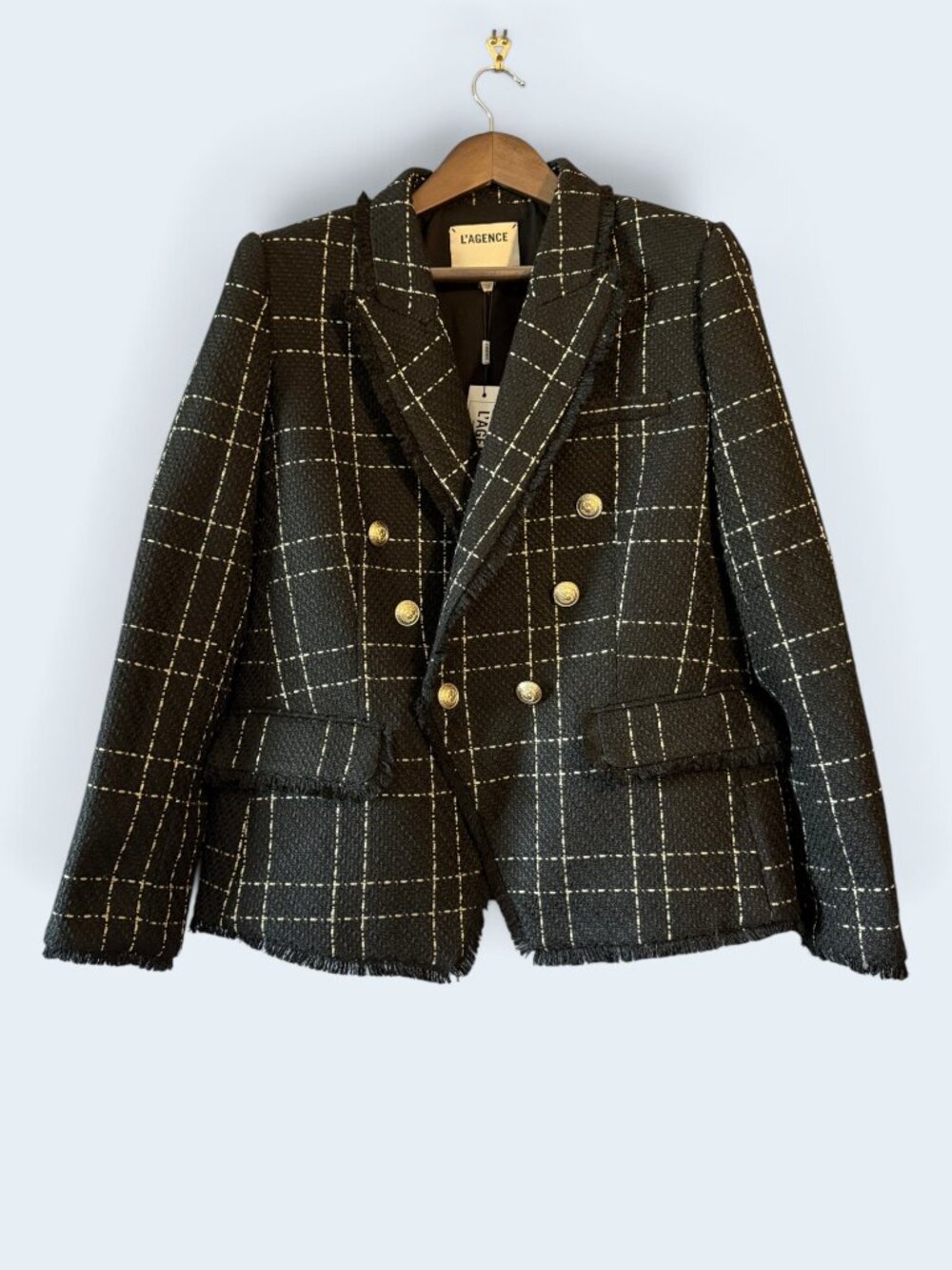 L'Agence Kenzie Fringed Black Gold Tweed Double Breasted Blazer NWT 12